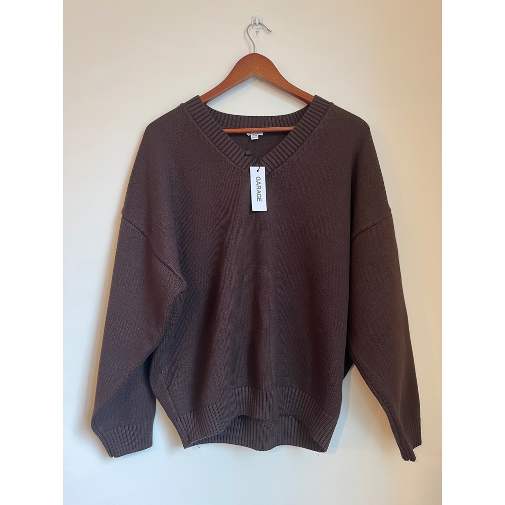 GARAGE Men Oversized V Neck Sweater Dark‎ Brown P/M S/M Tiny Defect in Photo
